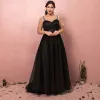 Modest / Simple Black Plus Size Prom Dresses 2018 A-Line / Princess Short Sleeve Crossed Straps Tulle U-Neck Printing Evening Party Evening Dresses