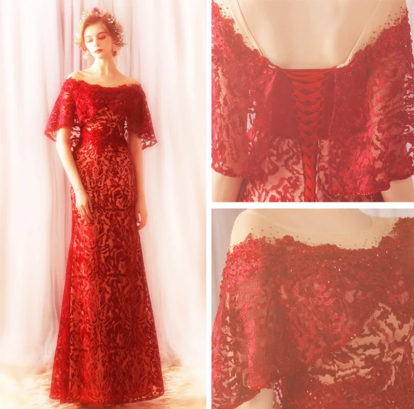 Charming Red Floor-Length / Long Evening Dresses 2018 Trumpet / Mermaid Tulle U-Neck Appliques Backless Beading Evening Party Formal Dresses