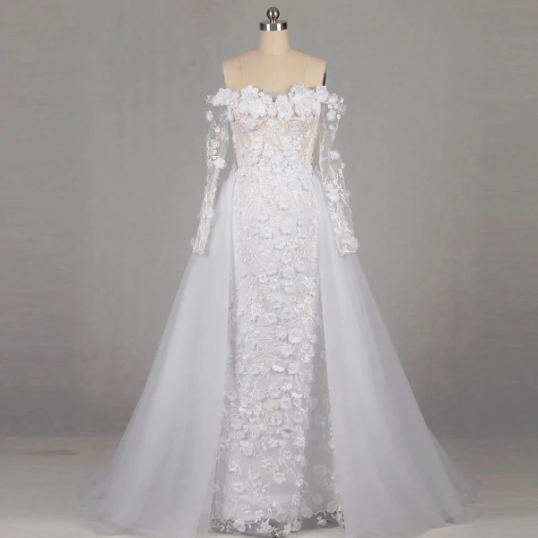 Blomma Fe Elfenben Domstol Tåg Bröllop 2018 Trumpet / Sjöjungfru Långärmad Tyll Appliqués Halterneck Beading Pierced Axelbandslös Bröllopsklänningar