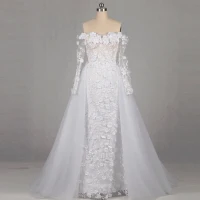 Blumenfee Ivory / Creme Hof-Schleppe Hochzeit 2018 Mermaid Lange Ärmel Tülle Applikationen Rückenfreies Perlenstickerei Durchbohrt Bandeau Brautkleider