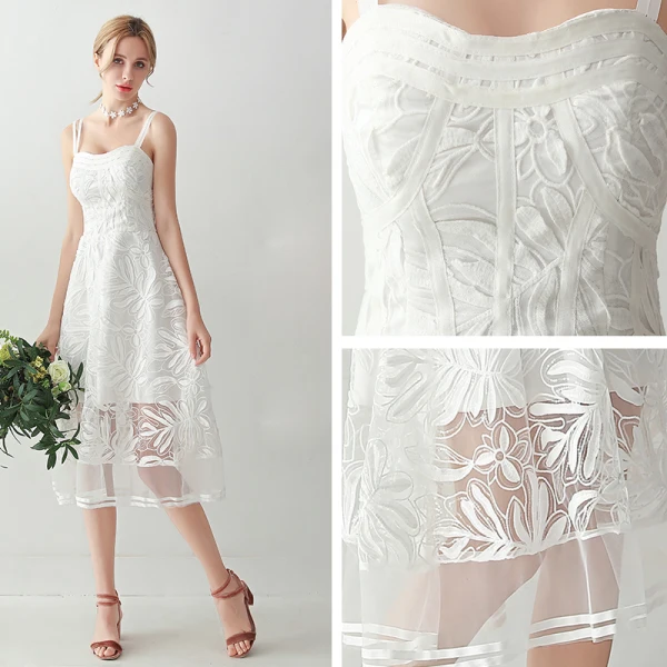 Chic / Beautiful White Tea-length Evening Dresses  2018 A-Line / Princess Lace Up Appliques Backless Evening Party Formal Dresses