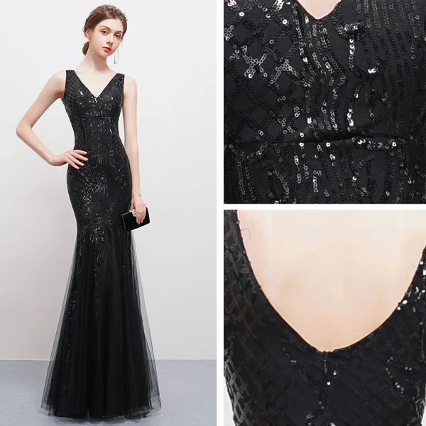 Sexy Bling Bling Black Floor-Length / Long Evening Dresses  2018 Trumpet / Mermaid Tulle V-Neck Backless Beading Sequins Formal Dresses
