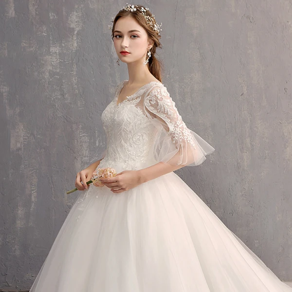 Luxury / Gorgeous White Ball Gown Wedding Dresses 2019 Tulle Lace V-Neck Appliques Backless Beading Pearl Sequins Cathedral Train Church Wedding