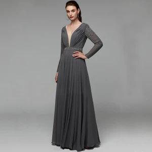 Moderne Mode Sexy Gris Robe De Soirée 2020 Princesse Col V Profond Longue Manches Longues Dos Nu Fait Main Perlage Cristal Paillettes Cocktail Soirée Robe De Ceremonie