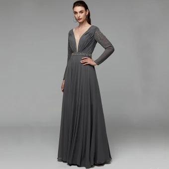 Modern Fashion Sexy Grey Evening Dresses 2020 A Line Princess Deep V Neck Floor Length Long Long Sleeve Backless Handmade Beading Crystal Sequins Cocktail Party Evening Party Formal Dresses