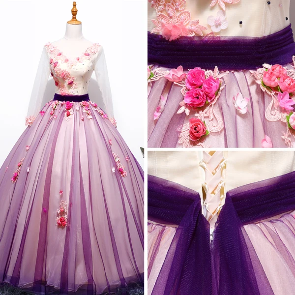 Flower Fairy Purple Ball Gown Prom Dresses 2017 V-Neck Tulle Appliques Backless Beading Prom Formal Dresses