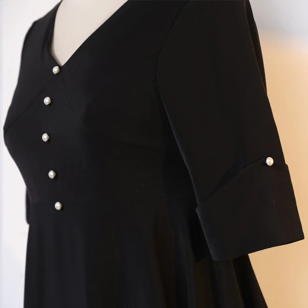 Classic Elegant Black Plus Size Evening Dresses 2021 A-Line / Princess V-Neck 1/2 Sleeves Satin Buckle Pearl Solid Color Evening Party Short Formal Dresses