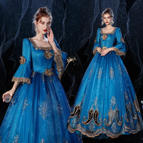 Vintage / Retro Medieval Best Royal Blue Ball Gown Prom Dresses 2021 Zipper Up 3/4 Sleeve Floor-Length / Long Square Neckline 3D Lace Handmade Beading Appliques Flower Rhinestone Cosplay Prom Formal Dresses