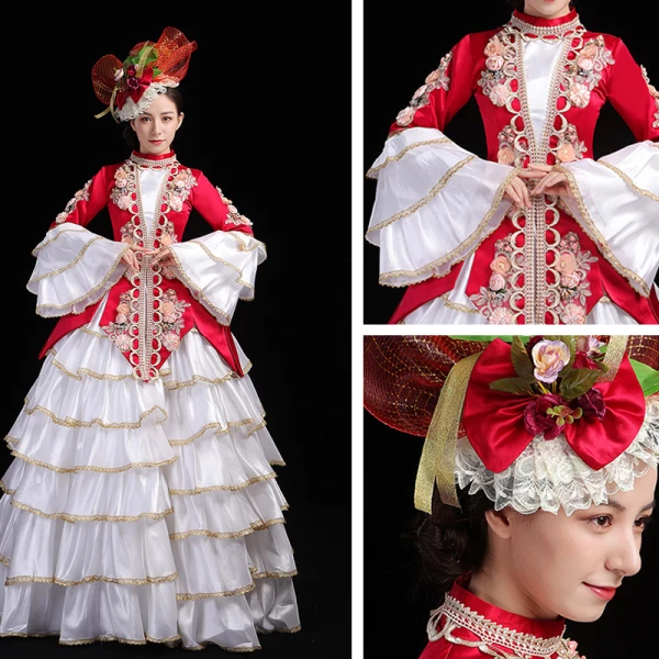 Vintage / Retro Medieval Gothic Red Ball Gown Prom Dresses 2021 High Neck Long Sleeve Floor-Length / Long 3D Lace Appliques Embroidered Flower Cosplay Formal Dresses