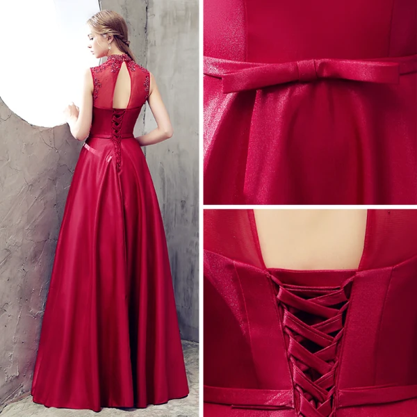 Modern / Fashion Burgundy Evening Dresses 2018 A-Line / Princess High Neck Charmeuse Backless Beading Rhinestone Evening Party Formal Dresses