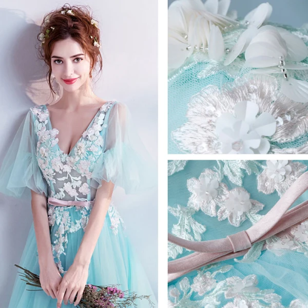 Chic / Beautiful Sky Blue Prom Dresses 2017 A-Line / Princess V-Neck Tulle Appliques Backless Beading Prom Formal Dresses