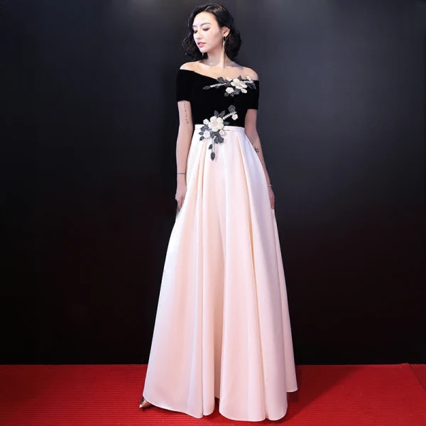 Chic / Belle Noire Robe De Soirée 2017 Princesse Bustier Charmeuse Appliques Perlage Soirée Robe De Ceremonie