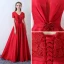 Chic / Beautiful Red Evening Dresses  2017 A-Line / Princess V-Neck Lace Striped Appliques Backless Embroidered Charmeuse Formal Dresses