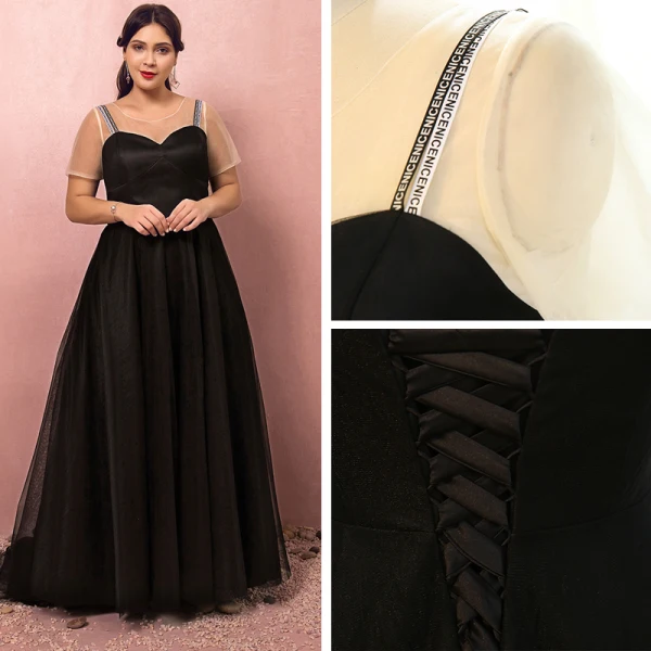Modest / Simple Black Plus Size Prom Dresses 2018 A-Line / Princess Short Sleeve Crossed Straps Tulle U-Neck Printing Evening Party Evening Dresses