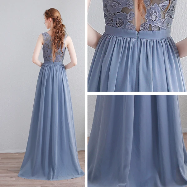 Chic / Beautiful Sweep Train Grey Evening Dresses 2018 A-Line / Princess Chiffon U-Neck Lace-up Backless Pierced Formal Dresses