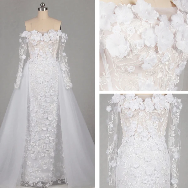 Blomma Fe Elfenben Domstol Tåg Bröllop 2018 Trumpet / Sjöjungfru Långärmad Tyll Appliqués Halterneck Beading Pierced Axelbandslös Bröllopsklänningar