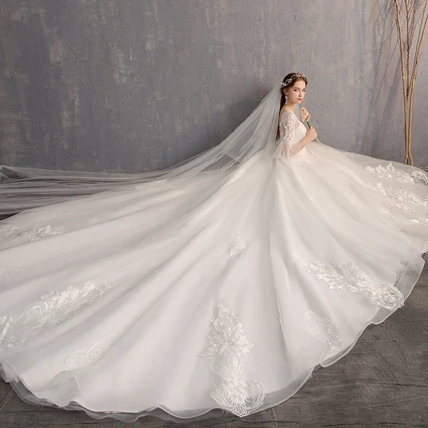 Luxury / Gorgeous White Ball Gown Wedding Dresses 2019 Tulle Lace V-Neck Appliques Backless Beading Pearl Sequins Cathedral Train Church Wedding