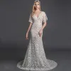 Modern / Fashion Sexy White Wedding Dresses 2020 Trumpet / Mermaid V-Neck Short Sleeve 3D Lace See-through Sweep Train Wedding