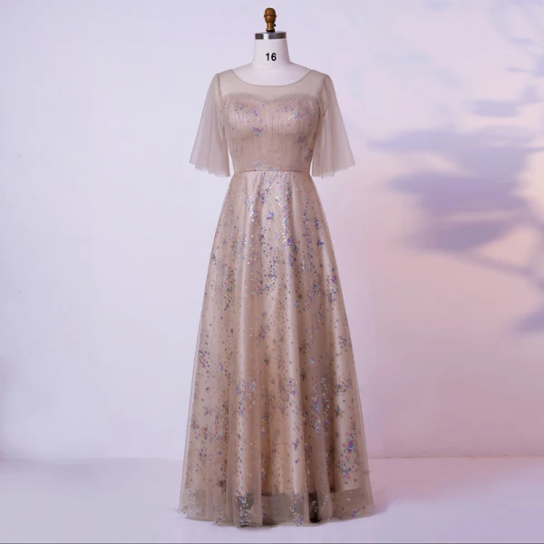 Bling Bling Sparkly Champagne Plus Size Evening Dresses 2020 A-Line / Princess U-Neck Floor-Length / Long Beading Sequins Short Sleeve Evening Party