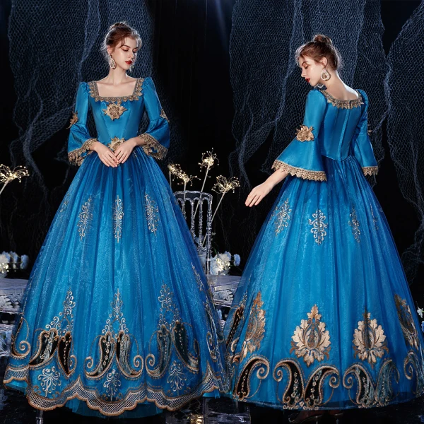 Vintage / Retro Medieval Best Royal Blue Ball Gown Prom Dresses 2021 Zipper Up 3/4 Sleeve Floor-Length / Long Square Neckline 3D Lace Handmade Beading Appliques Flower Rhinestone Cosplay Prom Formal Dresses