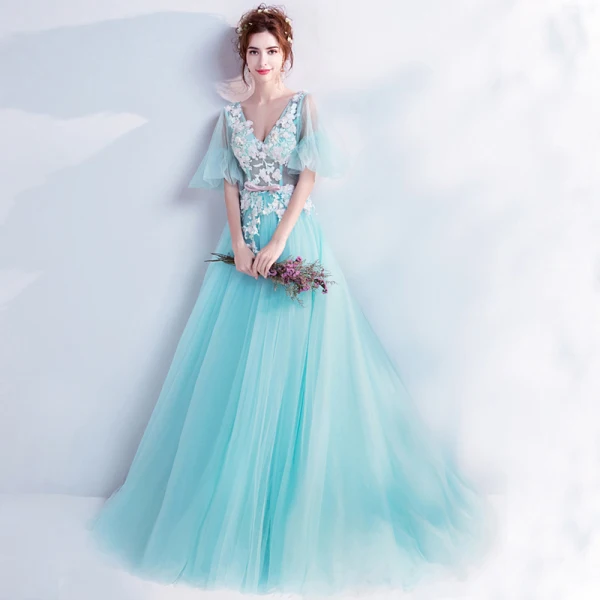 Chic / Beautiful Sky Blue Prom Dresses 2017 A-Line / Princess V-Neck Tulle Appliques Backless Beading Prom Formal Dresses