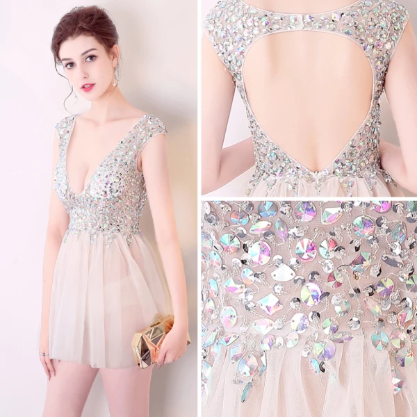Chic / Beautiful Champagne Graduation Dresses 2017 V-Neck Lace Backless Sequins Homecoming A-Line / Princess Evening Party