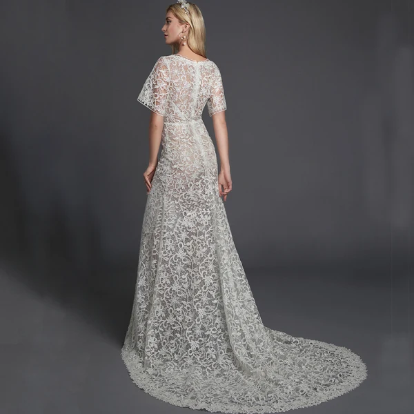 Modern / Fashion Sexy White Wedding Dresses 2020 Trumpet / Mermaid V-Neck Short Sleeve 3D Lace See-through Sweep Train Wedding