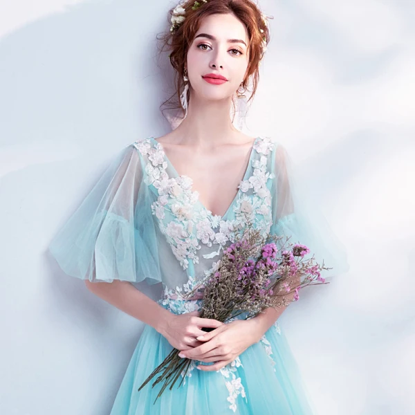 Chic / Beautiful Sky Blue Prom Dresses 2017 A-Line / Princess V-Neck Tulle Appliques Backless Beading Prom Formal Dresses