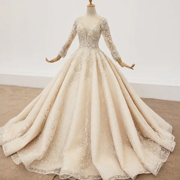 Eye-catching High-end Champagne Ball Gown Wedding Dresses 2020 3D Lace Long Sleeve V-Neck Handmade  Appliques Backless Beading Crystal Pearl Sequins Cathedral Train Bridal Wedding