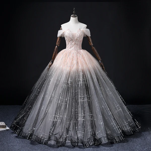 Fashion Blushing Pink Black Gradient-Color Prom Dresses 2022 Ball Gown Off-The-Shoulder Beading Rhinestone Short Sleeve Backless Floor-Length / Long Prom Formal Dresses