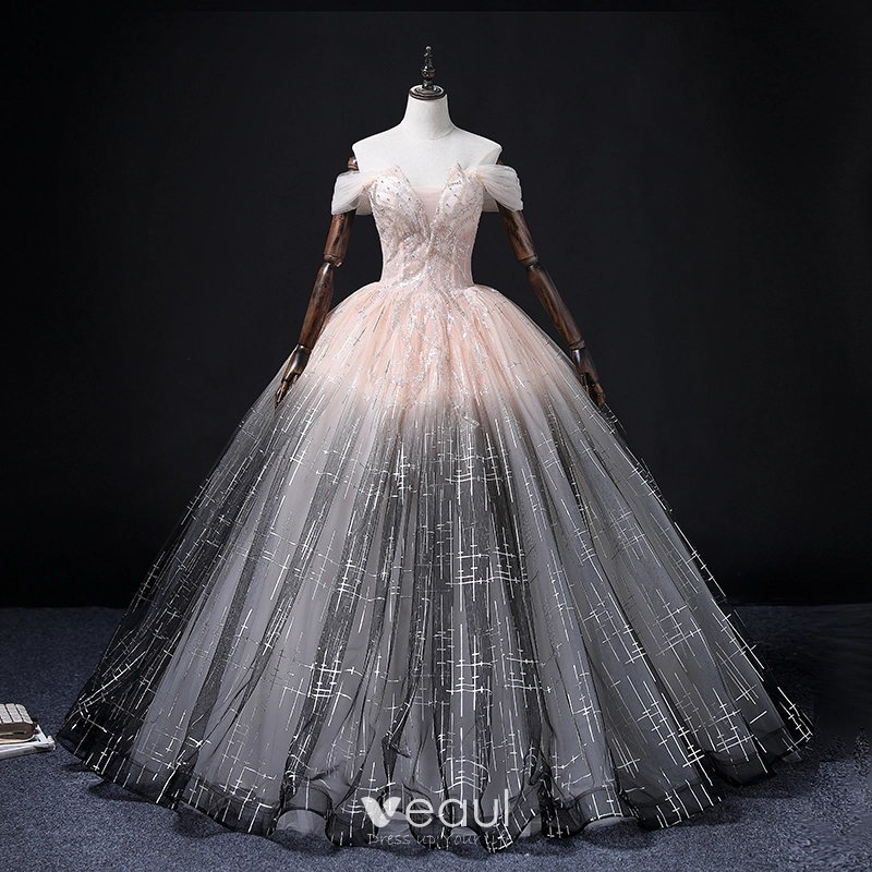 Fashion Blushing Pink Black Gradient Color Prom Dresses 2022 Ball Gown Off The Shoulder Beading Rhinestone Short Sleeve Backless Floor Length Long Prom Formal Dresses