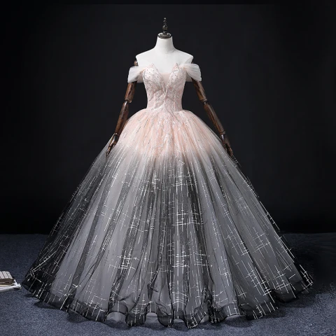 Mode Rosa Schwarz Farbverlauf Ballkleider 2022 Ballkleid Off Shoulder Perlenstickerei Strass Kurze Ärmel Rückenfreies Lange Ball Festliche Kleider