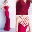 Amazing / Unique Red Evening Dresses  Floor-Length / Long 2018 Trumpet / Mermaid V-Neck Charmeuse Appliques Backless Beading Formal Dresses