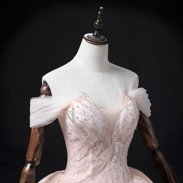Fashion Blushing Pink Black Gradient-Color Prom Dresses 2022 Ball Gown Off-The-Shoulder Beading Rhinestone Short Sleeve Backless Floor-Length / Long Prom Formal Dresses
