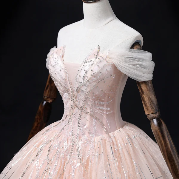 Fashion Blushing Pink Black Gradient-Color Prom Dresses 2022 Ball Gown  Off-The-Shoulder Beading Rhinestone