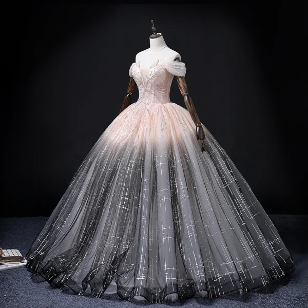 Fashion Blushing Pink Black Gradient-Color Prom Dresses 2022 Ball Gown Off-The-Shoulder