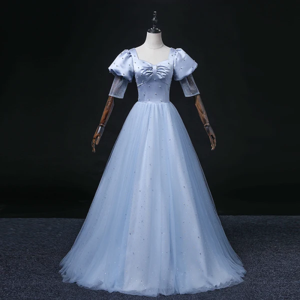 Élégant Bleu Ciel Perle Robe De Bal 2022 Robe Boule Encolure Carrée Noeud Manches Courtes Dos Nu Longue Robe De Ceremonie