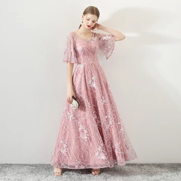 Hermoso Rosa Clara Transparentes Vestidos De Gala 2019 A Line Princess Scoop Escote Mangas De Campana Apliques Con Encaje Rebordear Rhinestone Largos Ruffle Sin Espalda Vestidos Formales