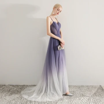 Modern Fashion Purple Gradient Color Evening Dresses 2019 A Line Princess Spaghetti Straps Sleeveless Sash Sweep Train Ruffle Backless Formal Dresses
