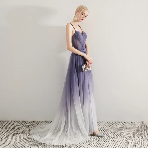 Modern / Fashion Purple Gradient-Color Evening Dresses  2019 A-Line / Princess Spaghetti Straps Sleeveless Sash Sweep Train Ruffle Backless Formal Dresses