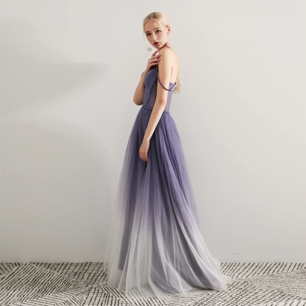 Moderne / Mode Violet Dégradé De Couleur Robe De Soirée 2019 Princesse Bretelles Spaghetti Sans Manches Ceinture Train De Balayage Volants Dos Nu Robe De Ceremonie