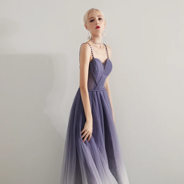Moderne / Mode Violet Dégradé De Couleur Robe De Soirée 2019 Princesse Bretelles Spaghetti Sans Manches Ceinture Train De Balayage Volants Dos Nu Robe De Ceremonie