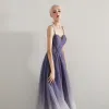 Modern / Fashion Purple Gradient-Color Evening Dresses  2019 A-Line / Princess Spaghetti Straps Sleeveless Sash Sweep Train Ruffle Backless Formal Dresses