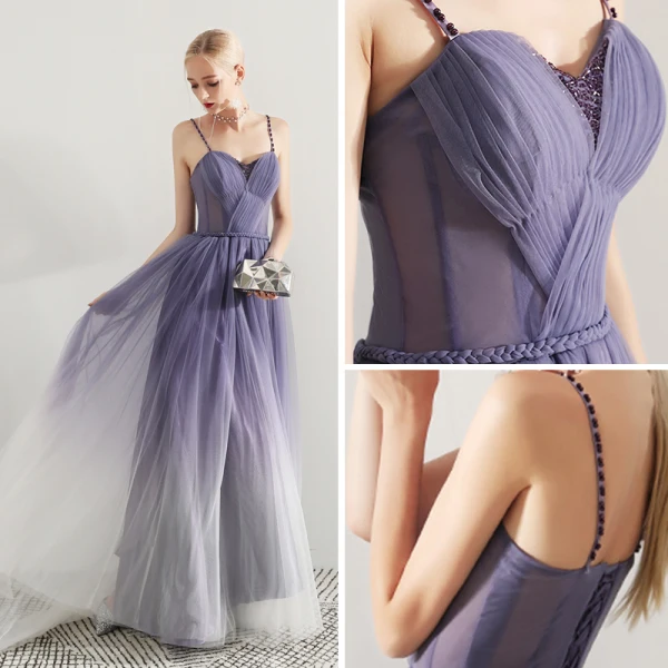 Moderne / Mode Violet Dégradé De Couleur Robe De Soirée 2019 Princesse Bretelles Spaghetti Sans Manches Ceinture Train De Balayage Volants Dos Nu Robe De Ceremonie