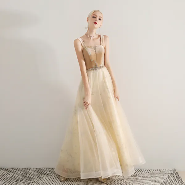 Modern / Fashion Champagne Prom Dresses 2019 A-Line / Princess Shoulders Sleeveless Glitter Sequins Beading Floor-Length / Long Ruffle Backless Formal Dresses