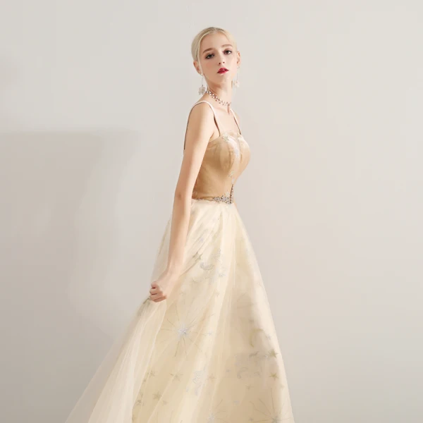 Modern / Fashion Champagne Prom Dresses 2019 A-Line / Princess Shoulders Sleeveless Glitter Sequins Beading Floor-Length / Long Ruffle Backless Formal Dresses