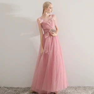 Romantique Rose Bonbon Transparentes Robe De Soirée 2019 Princesse Encolure Dégagée Manches Courtes Plumes Perlage Longue Volants Dos Nu Robe De Ceremonie