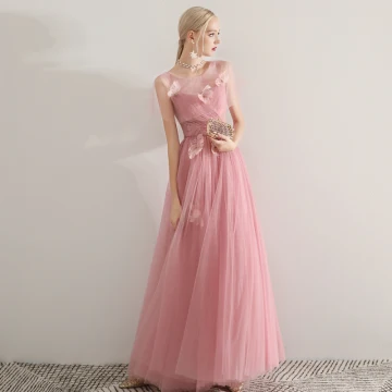 Romantic Candy Pink See Through Evening Dresses 2019 A Line Princess Scoop Neck Short Sleeve Feather Beading Floor Length Long Ruffle Backless Formal Dresses