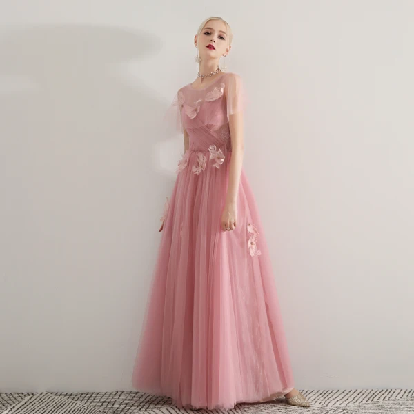 Romantic Candy Pink See-through Evening Dresses  2019 A-Line / Princess Scoop Neck Short Sleeve Feather Beading Floor-Length / Long Ruffle Backless Formal Dresses