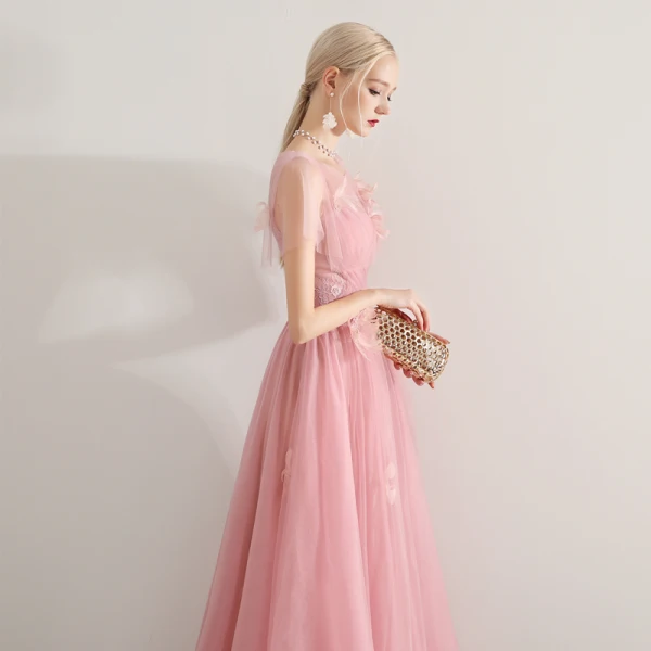 Romantic Candy Pink See-through Evening Dresses  2019 A-Line / Princess Scoop Neck Short Sleeve Feather Beading Floor-Length / Long Ruffle Backless Formal Dresses